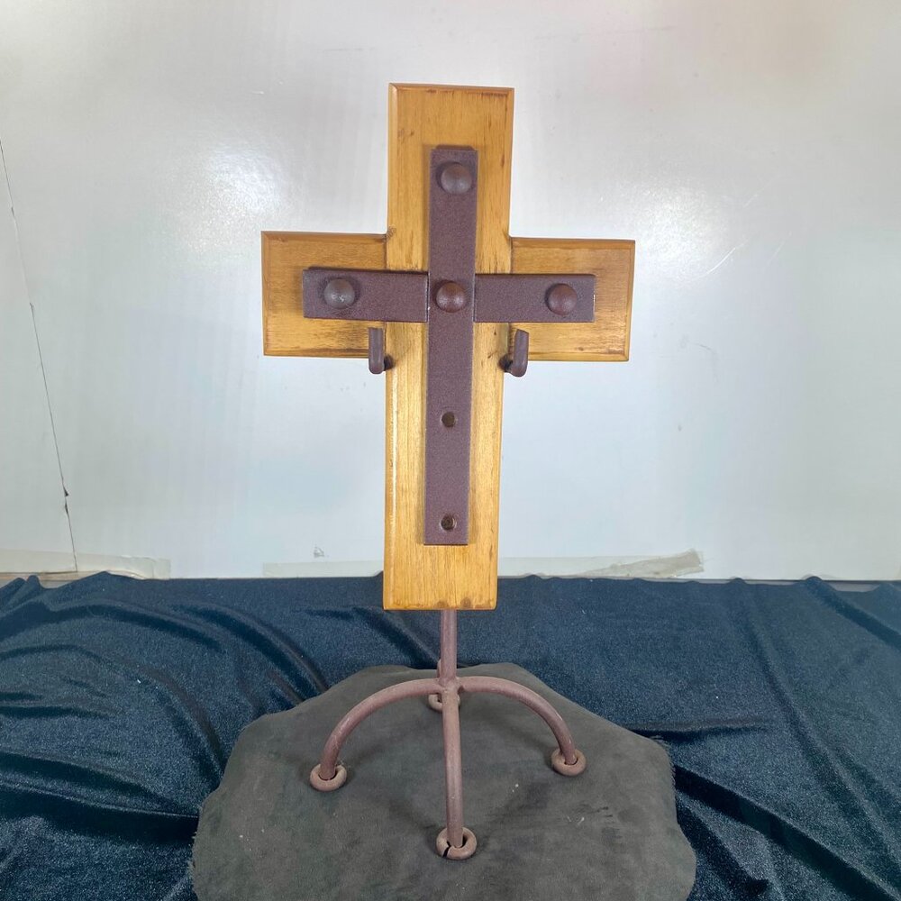 Rustic Mexican Cross with Handmade Forged Stand, Made in Mexico,